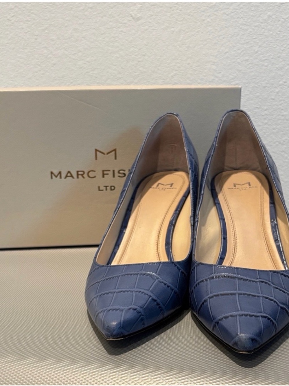 Marc Fisher Blue Croc-Embossed Pointed Toe Flats